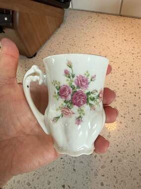 Vintage Porcelain Mustache Shaving Mug w/ Pink Rose Floral Transfer & Gold Trim